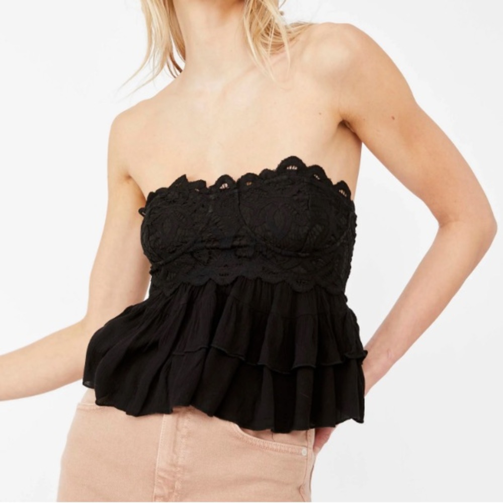 New Free People Adella Lace Tiered Corset Tube Top in Black Size XS